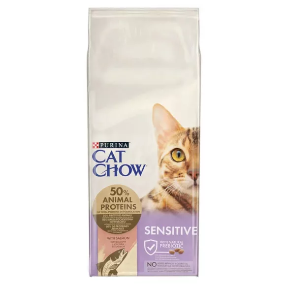 CAT CHOW Sensitive suha hrana za mačke, bogata z lososom 15 kg